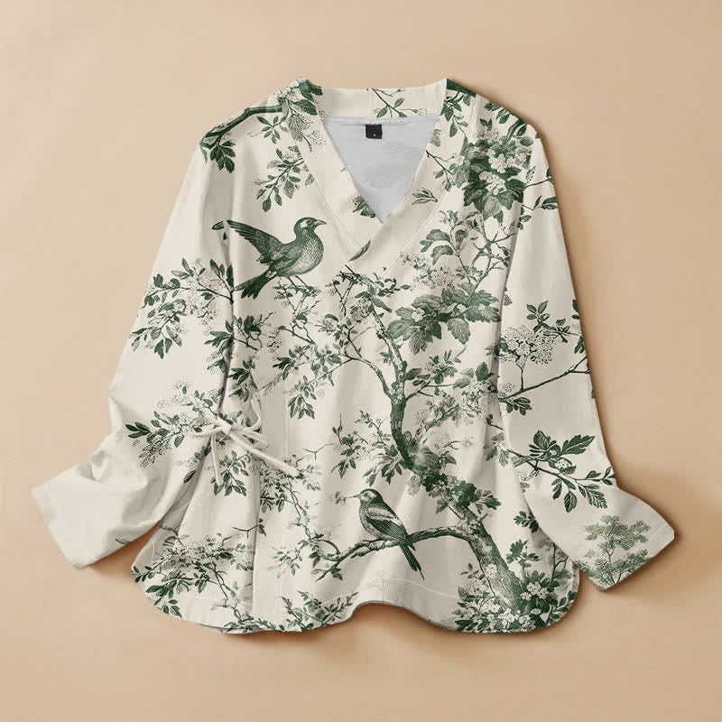 Buddha Stones 綿素材の植物柄鳥プリント漢服風ラップVネックレースアップレディース長袖シャツ着物 - 象牙 - US16、 UK/AU20、 EU48 (3XL) - image 0