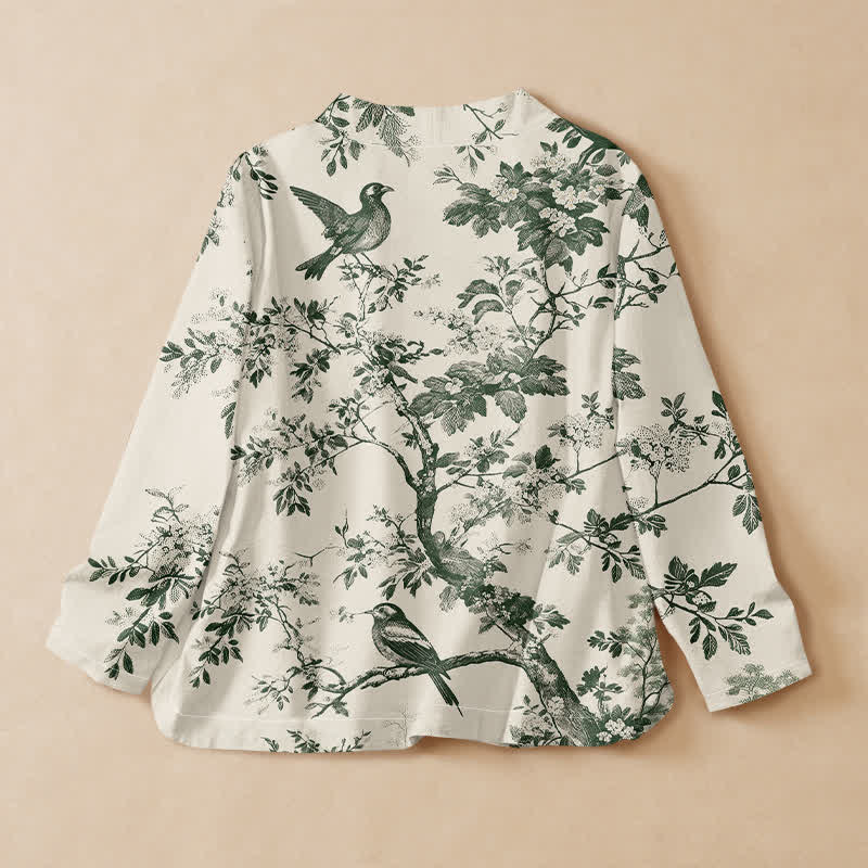 Buddha Stones 綿素材の植物柄鳥プリント漢服風ラップVネックレースアップレディース長袖シャツ着物 - image 1