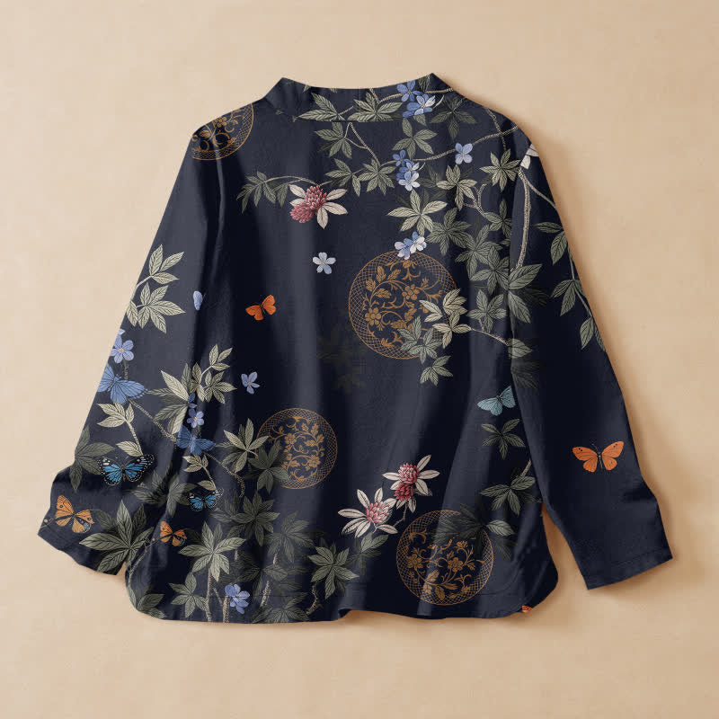 Buddha Stones コットン花柄蝶メダリオンプリント漢服風ラップVネックレースアップレディース長袖シャツ着物 - image 1