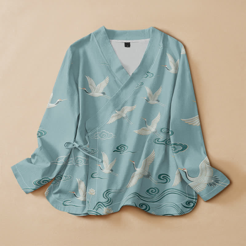 Buddha Stones 綿鶴雲柄漢服風ラップVネックレースアップレディース長袖シャツ着物 - ターコイズ - US16、 UK/AU20、 EU48 (3XL) - image 0