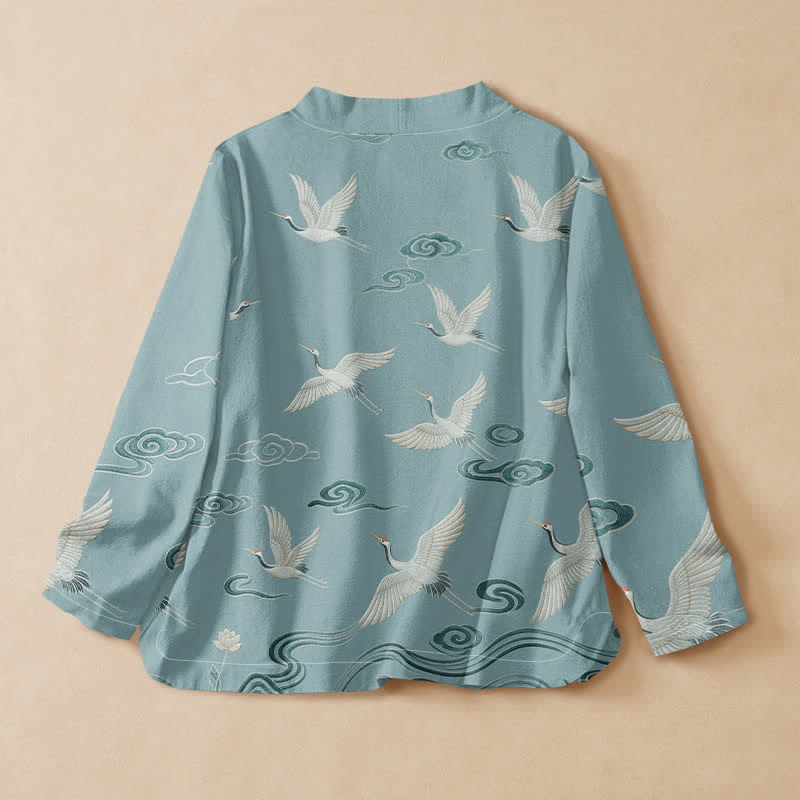 Buddha Stones 綿鶴雲柄漢服風ラップVネックレースアップレディース長袖シャツ着物 - image 1
