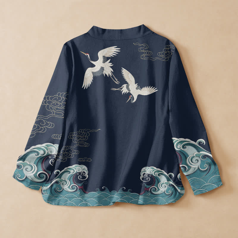 Buddha Stones 綿素材の白鶴雲柄漢服風ラップVネックレースアップレディース長袖シャツ着物 - image 1