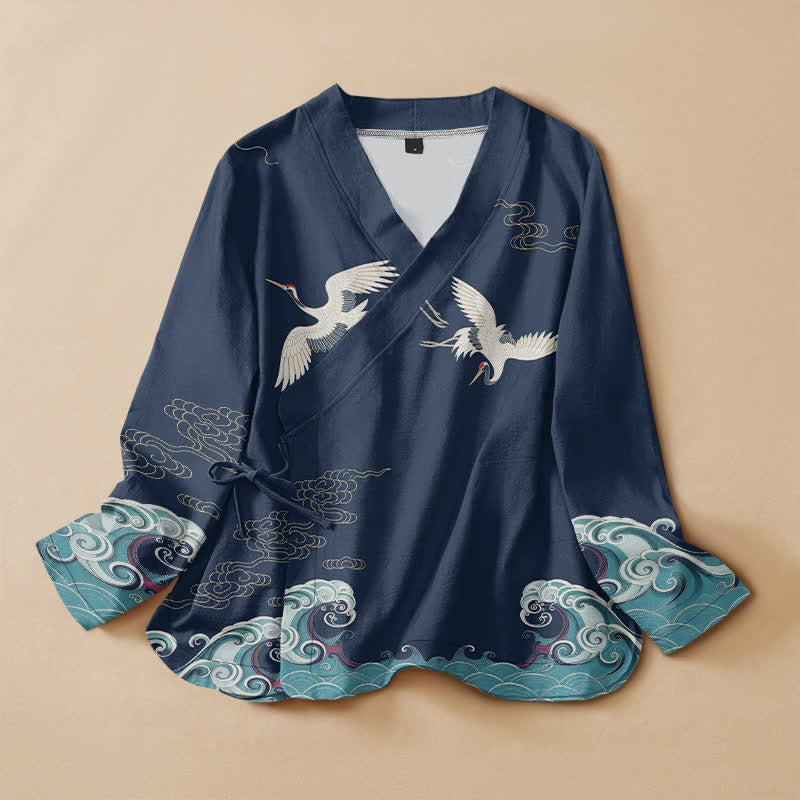 Buddha Stones 綿素材の白鶴雲柄漢服風ラップVネックレースアップレディース長袖シャツ着物 - 海軍 - US16、 UK/AU20、 EU48 (3XL) - image 0