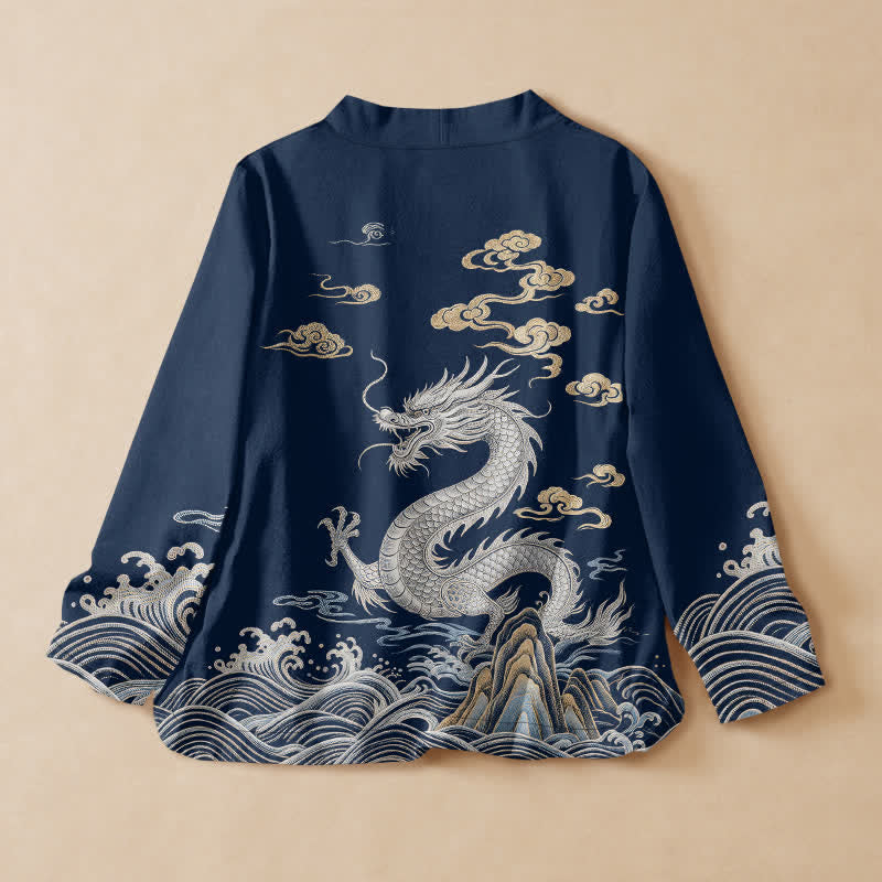 Buddha Stones 綿素材の龍雲波プリント漢服風ラップVネックレースアップレディース長袖シャツ着物 - image 1