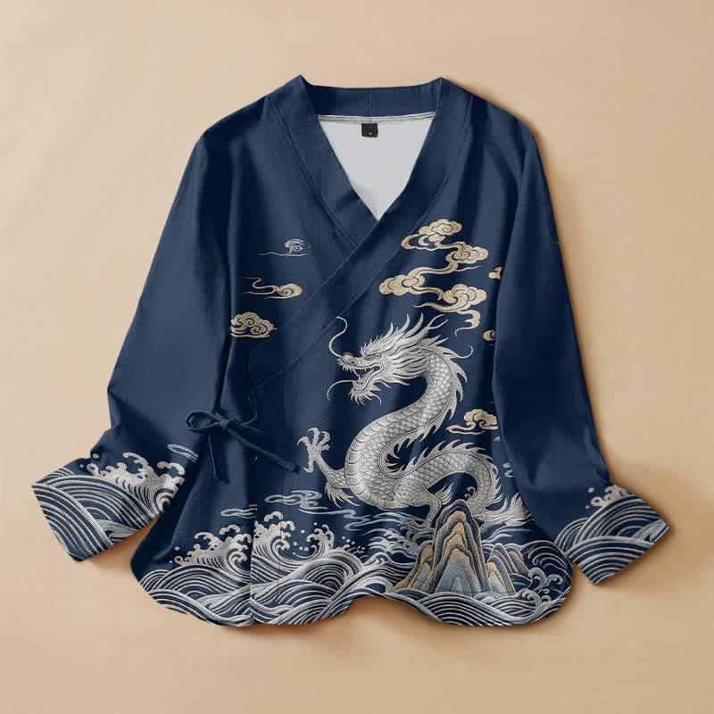 Buddha Stones 綿素材の龍雲波プリント漢服風ラップVネックレースアップレディース長袖シャツ着物 - 海軍 - US16、 UK/AU20、 EU48 (3XL) - image 0