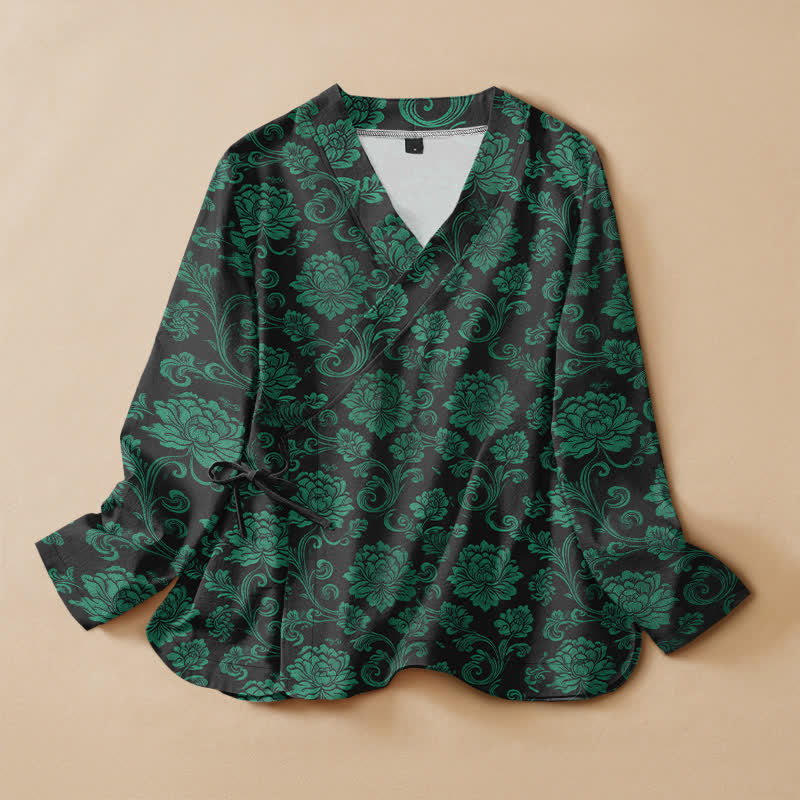Buddha Stones コットン製ヴィンテージ花柄漢服風ラップVネックレースアップレディース長袖シャツ着物 - 黒 - US16、 UK/AU20、 EU48 (3XL) - image 0