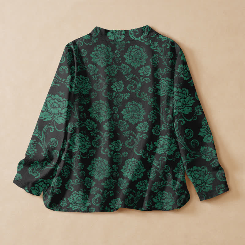 Buddha Stones コットン製ヴィンテージ花柄漢服風ラップVネックレースアップレディース長袖シャツ着物 - image 1