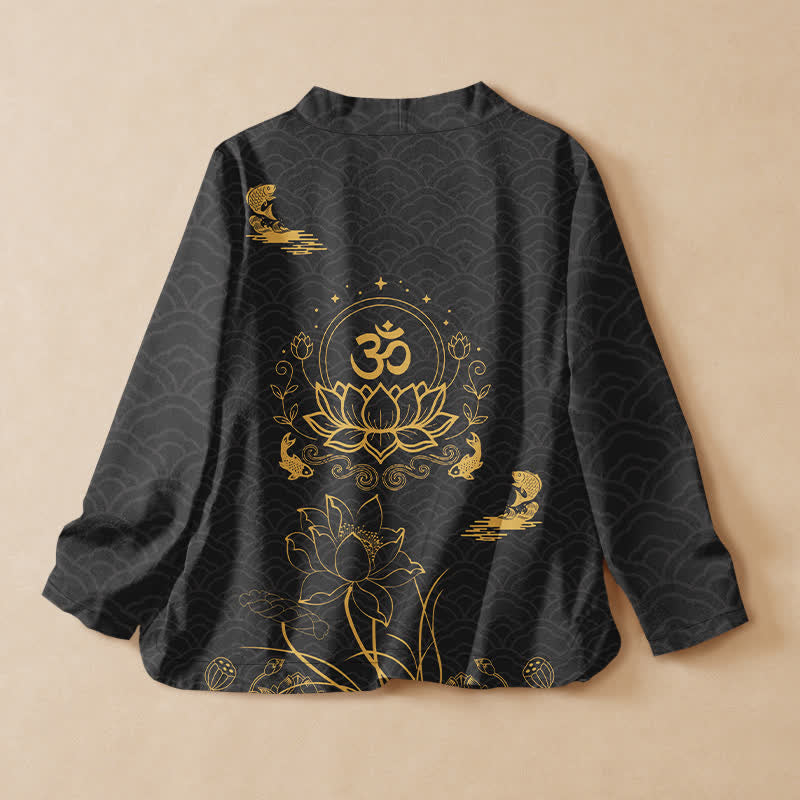 Buddha Stones コットンロータス オムコイ柄ラップVネックレースアップレディース長袖シャツ着物 - image 1