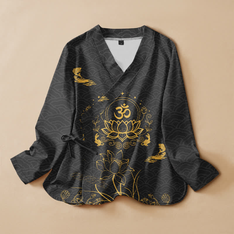 Buddha Stones コットンロータス オムコイ柄ラップVネックレースアップレディース長袖シャツ着物 - 黒 - US16、 UK/AU20、 EU48 (3XL) - image 0