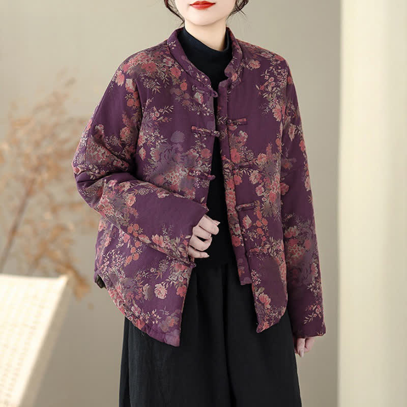 Buddha Stones 冬のエレガントな唐風パンコウ花柄プリントレディースジャケット - 紫 - US14, UK/AU18, EU46 （2XL） - image 0