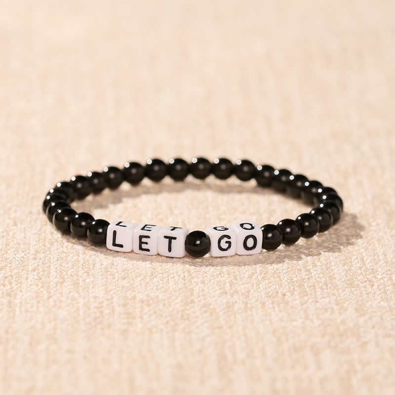 Buddha Stones 黒曜石の「LET GO」文字ビーズ強さブレスレット - image 1