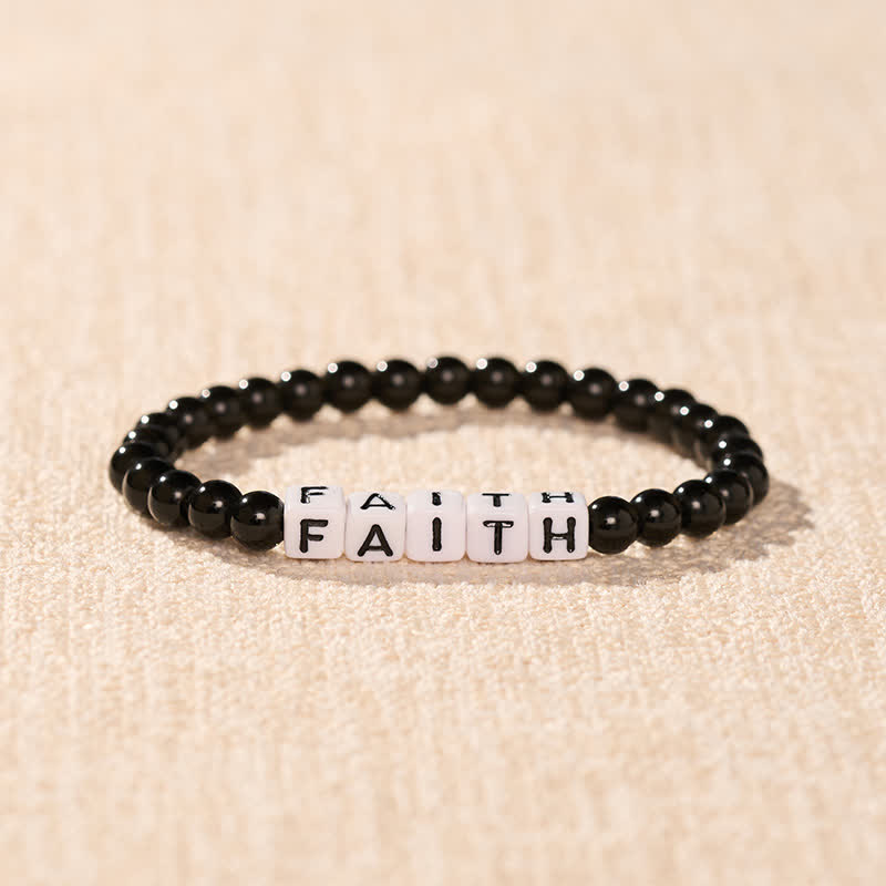 Buddha Stones 黒曜石のFAITH文字ビーズ浄化ブレスレット - image 1