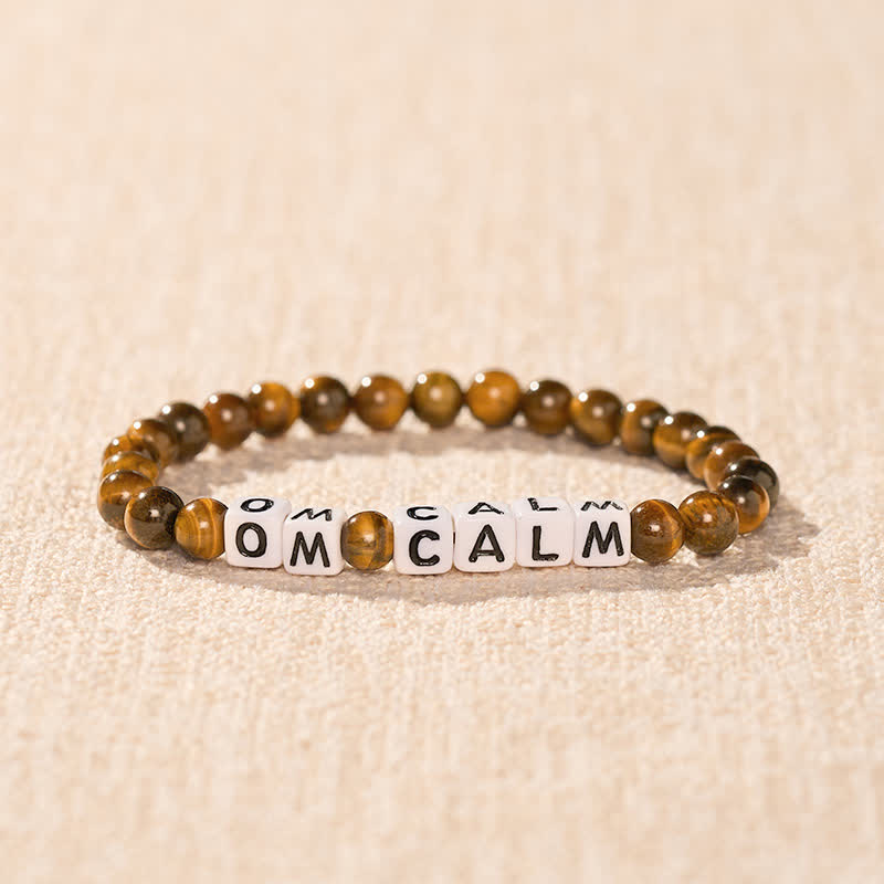 Buddha Stones タイガーアイ OM CALM文字ビーズ 勇気ブレスレット - image 1