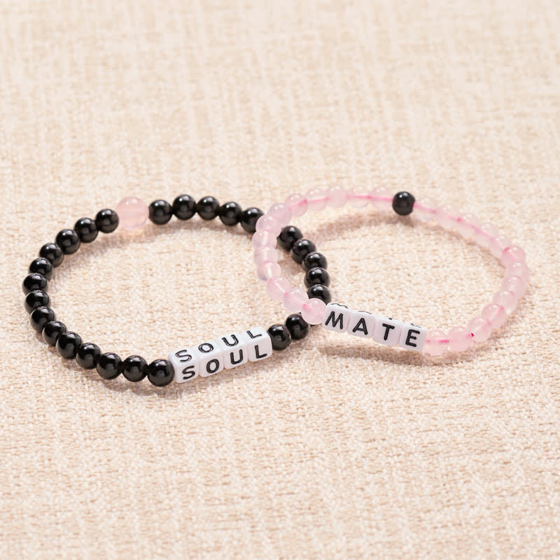 Buddha Stones ブラックオブシディアンとローズクォーツの「SOUL & MATE」文字入りカップル関係ブレスレット - image 0