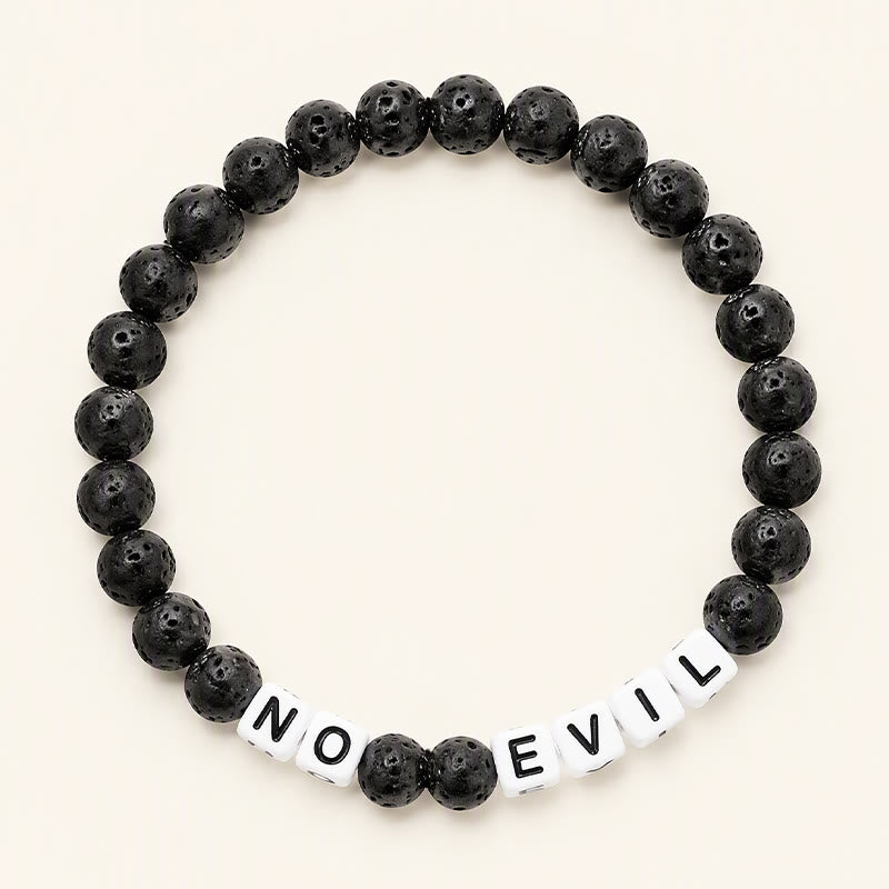 Buddha Stones 溶岩石「NO EVIL」の文字入り丸ビーズヒーリングブレスレット - 溶岩石（癒し♥サポート） - image 0