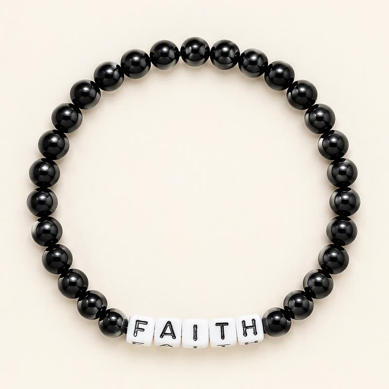 Buddha Stones 黒曜石のFAITH文字ビーズ浄化ブレスレット - 黒曜石（浄化♥変容） - image 0