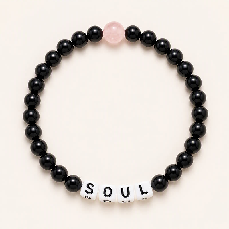 Buddha Stones ブラックオブシディアンとローズクォーツの「SOUL & MATE」文字入りカップル関係ブレスレット - ブラックオブシディアン（メンズスタイル） - image 1