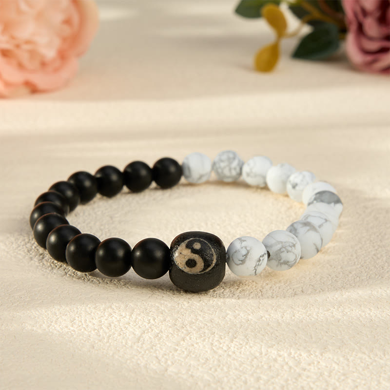 Buddha Stones ブラックオニキスとホワイトターコイズの陰陽バランスラウンドビーズブレスレット - ブラックオニキスとホワイトターコイズ - 5.9～6.3インチ（15～16cm） - image 0