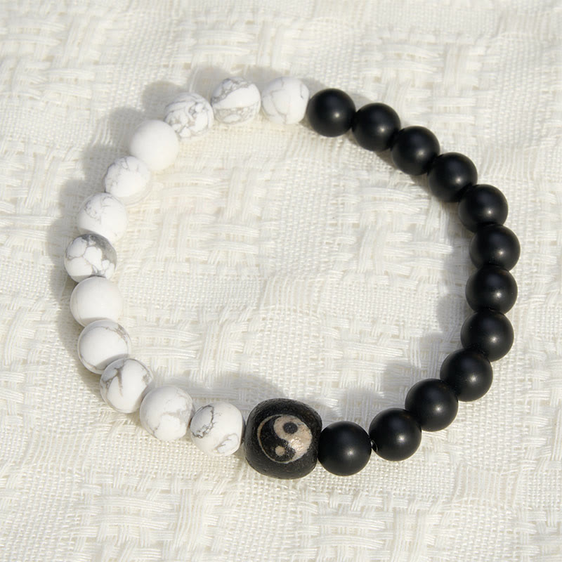 Buddha Stones ブラックオニキスとホワイトターコイズの陰陽バランスラウンドビーズブレスレット - image 1