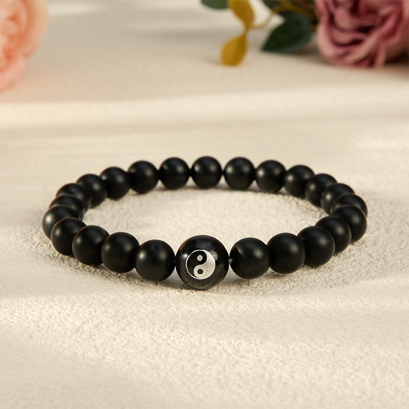 Buddha Stones ブラックオニキス、ホワイトターコイズ、陰陽、ブラックオブシディアン、ラウンドビーズのバランスブレスレット - ブラックオニキス - 5.9～6.3インチ（15～16cm） - image 0
