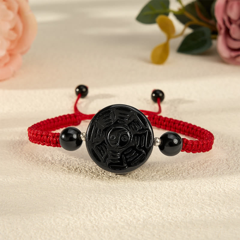 Buddha Stones 赤紐と黒曜石の丸い八卦良縁祈願ブレスレット - image 0