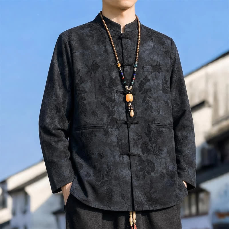 Buddha Stones 秋冬ヴィンテージ唐スタイルマンダリンカラー葉模様抽象柄メンズジャケット（ポケット付き） - image 1