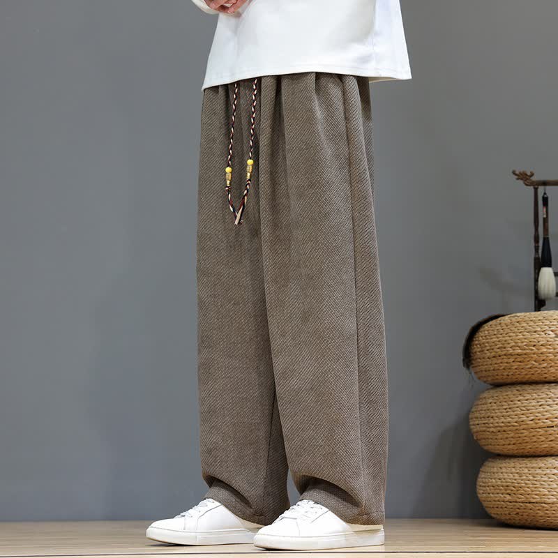 Buddha Stones 秋冬カジュアルヴィンテージドローストリング無地ロングパンツメンズストレートレッグパンツポケット付き - image 1
