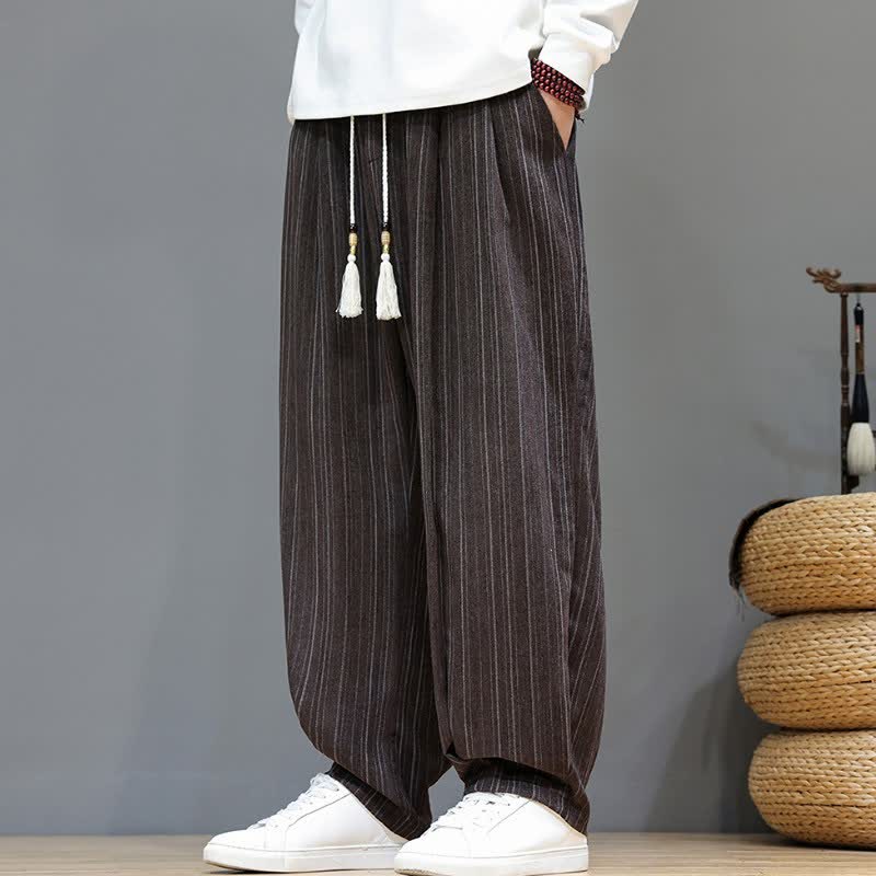 Buddha Stones 秋物カジュアル ドローストリング ストライプ ロングパンツ メンズ ストレートレッグ パンツ ポケット付き - サドルブラウン - US/UK/AU46、 EU56 (5XL) - image 0
