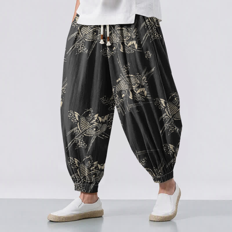 Buddha Stones 純綿鯉鯉ストリング付きメンズハーレムパンツ（ポケット付き） - 黒 - US/UK/AU50、EU60（5XL） - image 0