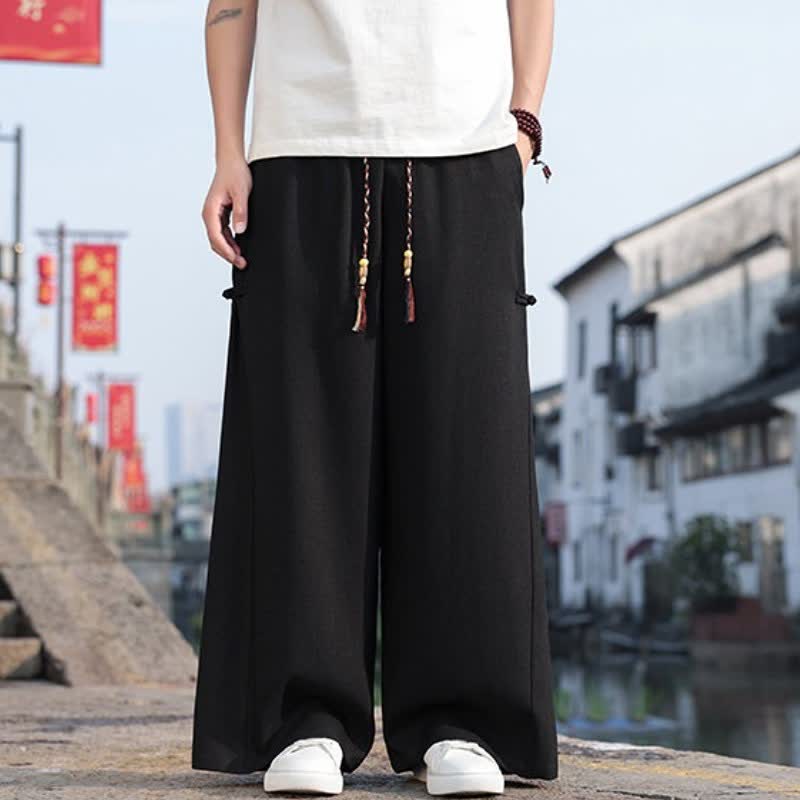 Buddha Stones 春秋カジュアル唐草スタイルドローストリング無地ロングパンツメンズストレートレッグパンツポケット付き - image 1
