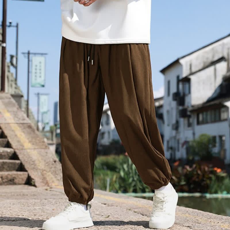 Buddha Stones 秋のカジュアルミニマリストドローストリング無地クロップドパンツコーデュロイメンズテーパードパンツポケット付き - image 1