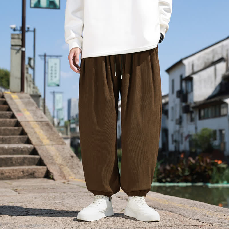 Buddha Stones 秋のカジュアルミニマリストドローストリング無地クロップドパンツコーデュロイメンズテーパードパンツポケット付き - サドルブラウン - US/UK/AU46, EU56 （5XL） - image 0