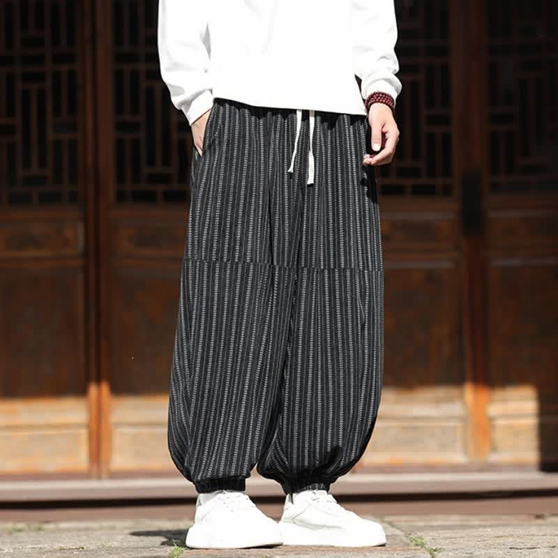 Buddha Stones 春秋カジュアルドローストリングストライプクロップドパンツコーデュロイメンズハーレムパンツポケット付き - image 1