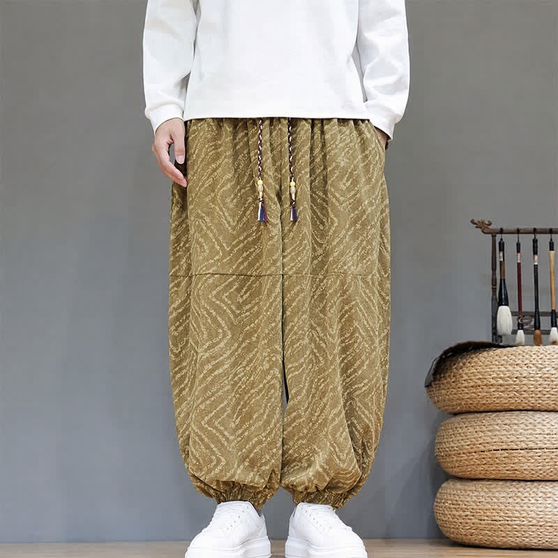 Buddha Stones 秋冬カジュアルボヘミアンドローストリング抽象ラインクロップドパンツコーデュロイメンズハーレムパンツポケット付き - image 1