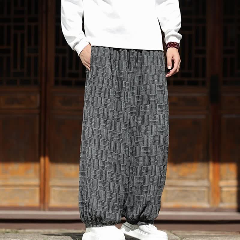 Buddha Stones 秋冬カジュアルヴィンテージドローストリングスクエア幾何学模様クロップドパンツコーデュロイメンズハーレムパンツポケット付き - image 1