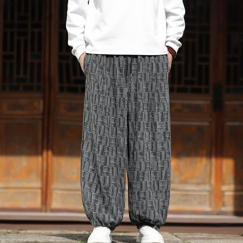 Buddha Stones 秋冬カジュアルヴィンテージドローストリングスクエア幾何学模様クロップドパンツコーデュロイメンズハーレムパンツポケット付き - 薄暗い灰色 - US/UK/AU46, EU56 （5XL） - image 0