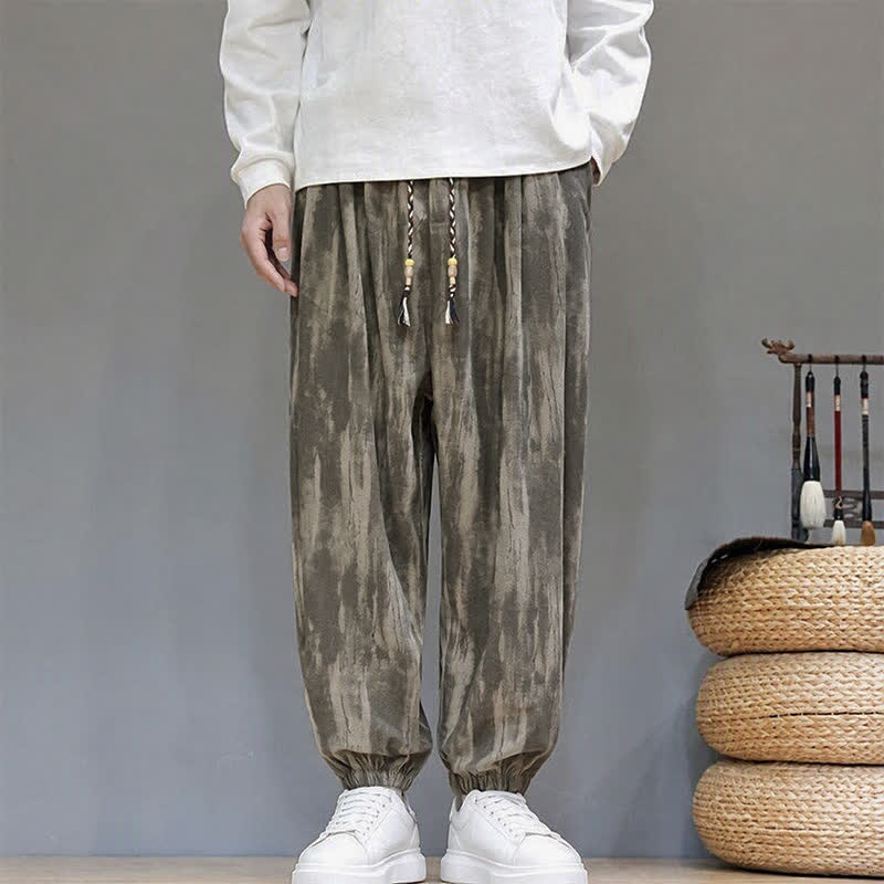 Buddha Stones 秋冬カジュアルドローストリングストライプクロップドパンツコーデュロイメンズハーレムパンツ（ポケット付き） - image 1