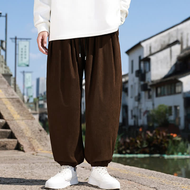 Buddha Stones 秋冬カジュアルドローストリング無地クロップドパンツコーデュロイメンズハーレムパンツポケット付き - image 1
