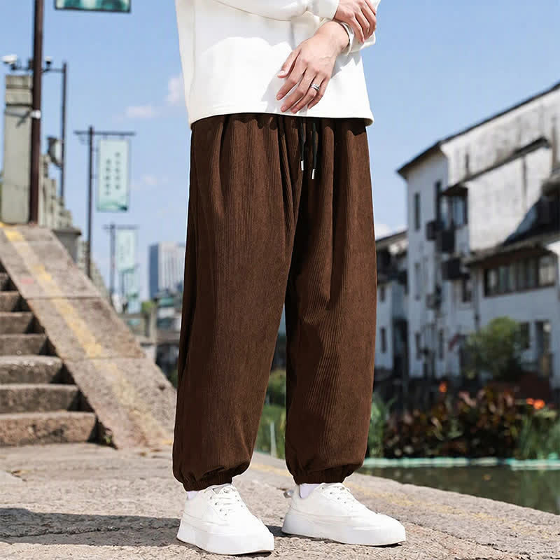 Buddha Stones 秋冬カジュアルドローストリング無地クロップドパンツコーデュロイメンズハーレムパンツポケット付き - サドルブラウン - US/UK/AU46, EU56 （5XL） - image 0