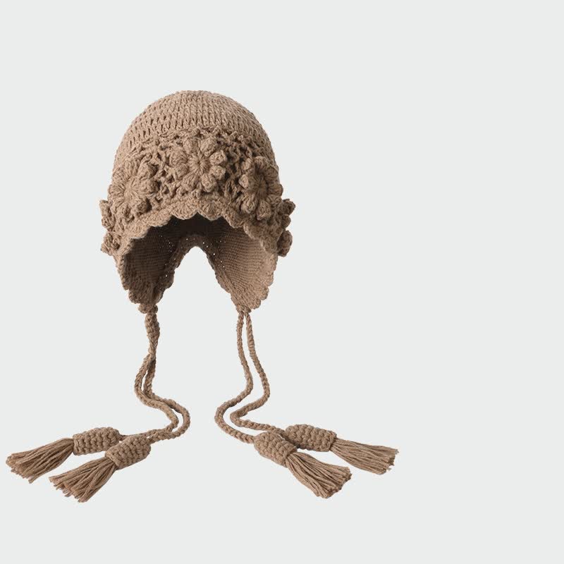 Buddha Stones 秋冬用ニット花柄タッセル付きイヤーフラップ付きレディース帽子 - タン - ワンサイズ（56～60cm） - image 1