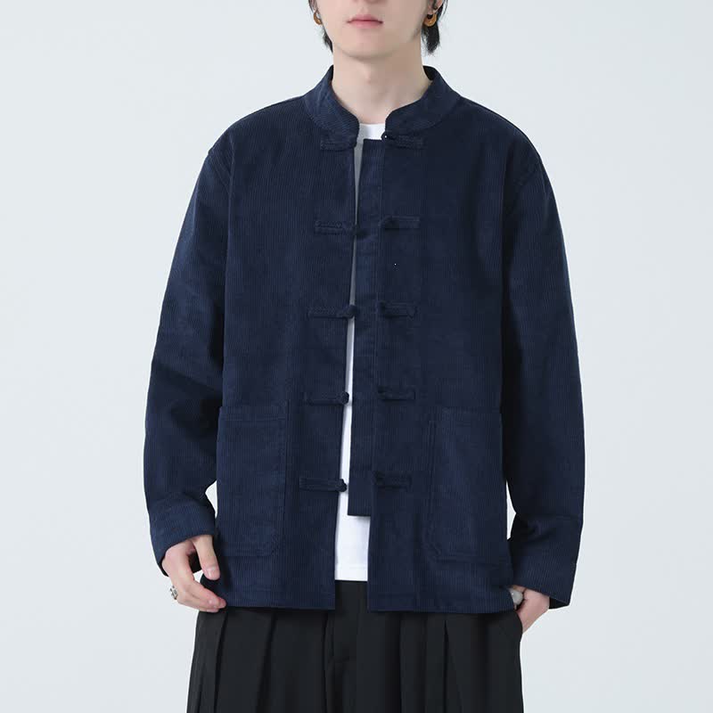 Buddha Stones 秋冬カジュアルタンスタイルフロッグボタン無地コーデュロイメンズジャケット（ポケット付き） - image 1