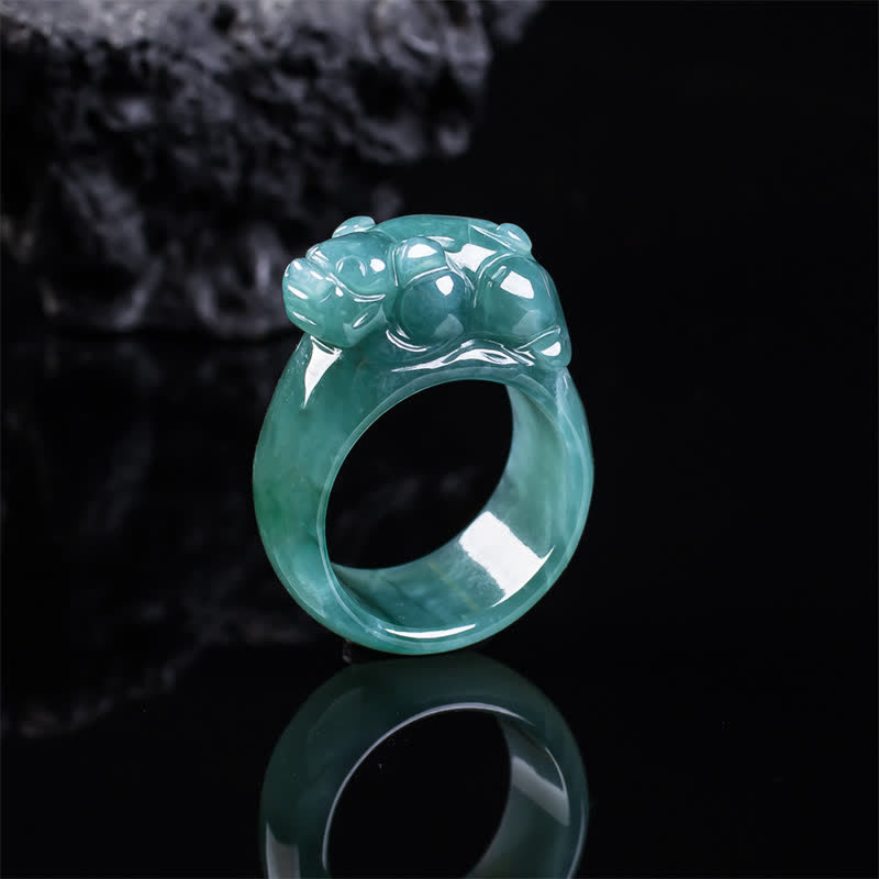 Buddha Stones 翡翠の手彫り貔貅（ひきゅう）財運リング - 貔貅（約35.6×12.4×3.6mm） - 22mm - image 0