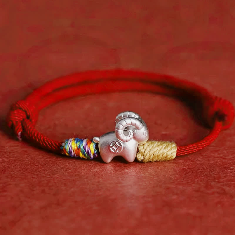 Buddha Stones 未年 999スターリングシルバー 羊赤紐守護ブレスレット - 鮮やかな赤 - image 0