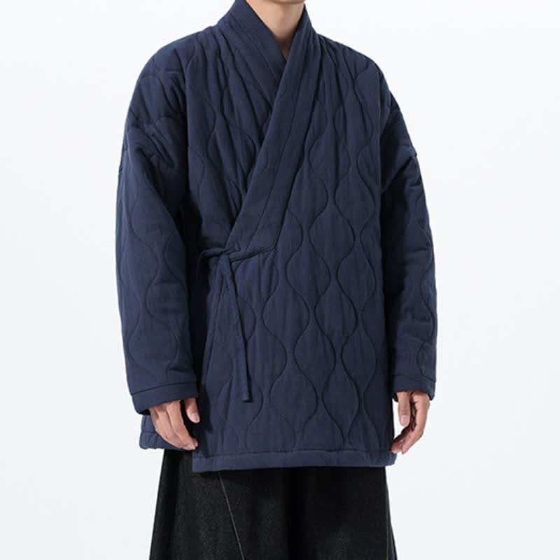 Buddha Stones 秋冬カジュアル唐草スタイル巾着キルティング無地コットンメンズ着物（ポケット付き） - image 1
