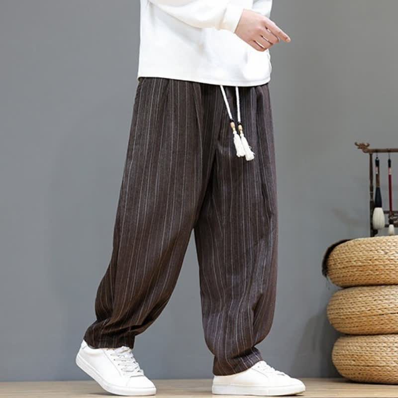 Buddha Stones 秋物カジュアル ドローストリング ストライプ ロングパンツ メンズ ストレートレッグ パンツ ポケット付き - image 1
