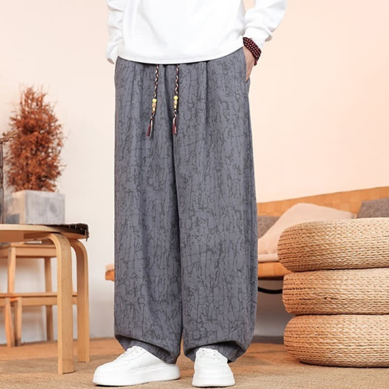 Buddha Stones 秋のカジュアル ドローストリング アブストラクトテクスチャパターン ロングパンツ メンズ ストレートレッグパンツ ポケット付き - image 1