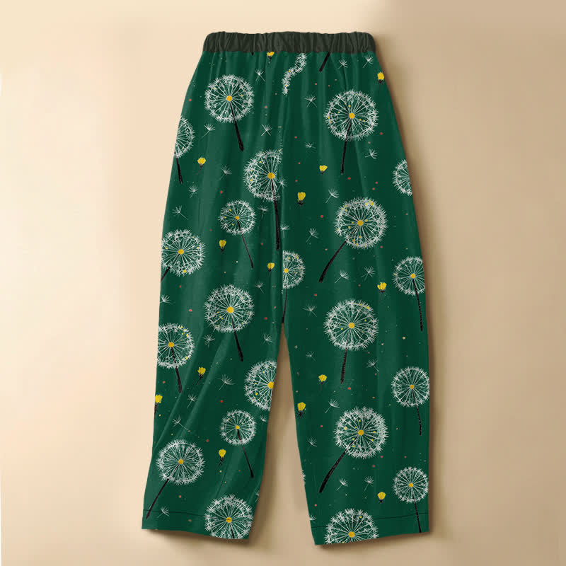Buddha Stones 純綿タンポポ花柄カエルボタン付きレディースゴムウエストハーレムパンツ（ポケット付き） - image 1