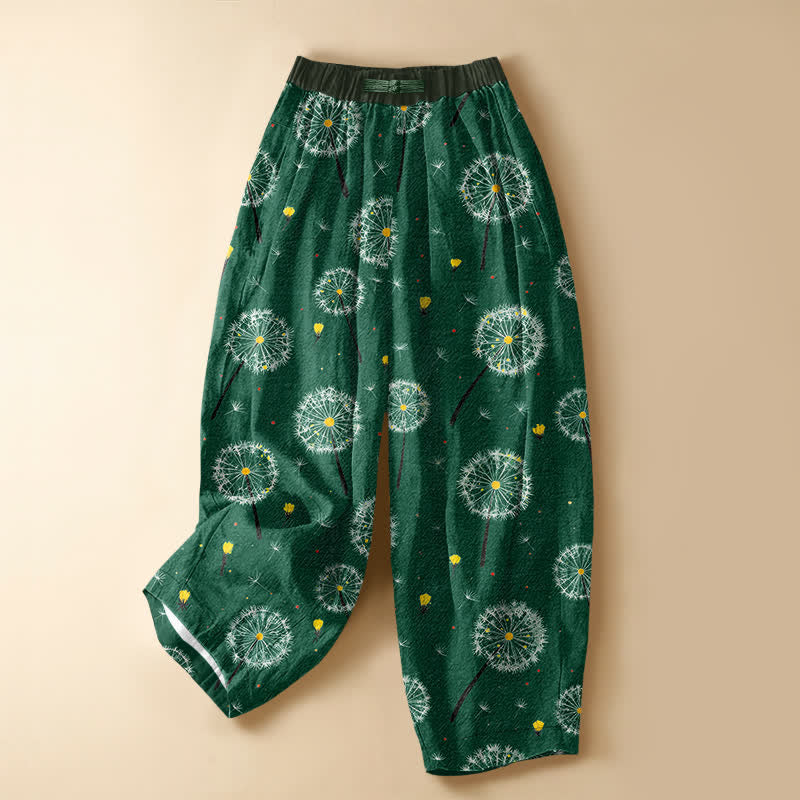 Buddha Stones 純綿タンポポ花柄カエルボタン付きレディースゴムウエストハーレムパンツ（ポケット付き） - シーグリーン - US16、 UK/AU20、 EU48 (3XL) - image 0