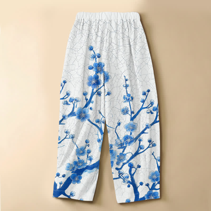 Buddha Stones 純綿梅花枝柄カエルボタン付きレディースゴムウエストハーレムパンツ（ポケット付き） - image 1