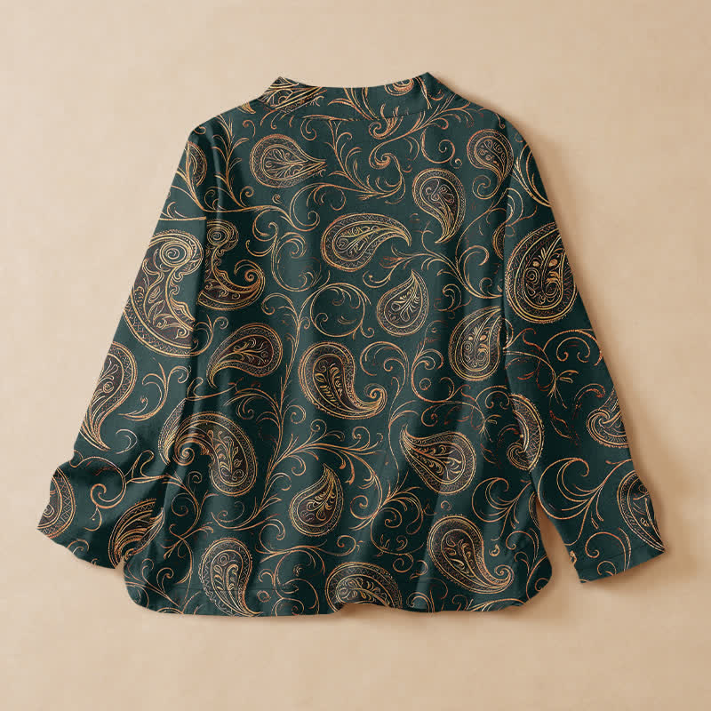 Buddha Stones コットン製ヴィンテージペイズリー柄プリント漢服風ラップVネックレースアップレディース長袖シャツ着物 - image 1